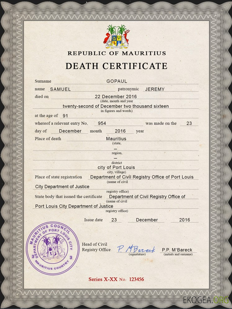 Modèle PSD de certificat de décès de l'état civil de Maurice